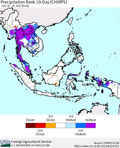 South East Asia Precipitation Rank since 1981, 10-Day (CHIRPS) Thematic Map For 2/16/2022 - 2/25/2022