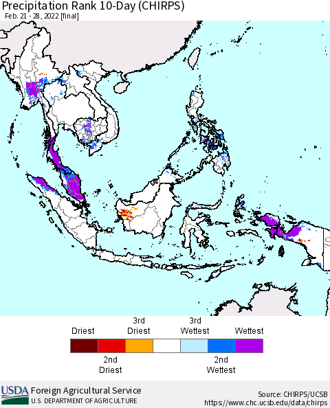South East Asia Precipitation Rank since 1981, 10-Day (CHIRPS) Thematic Map For 2/21/2022 - 2/28/2022