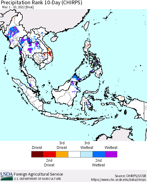 South East Asia Precipitation Rank since 1981, 10-Day (CHIRPS) Thematic Map For 3/1/2022 - 3/10/2022