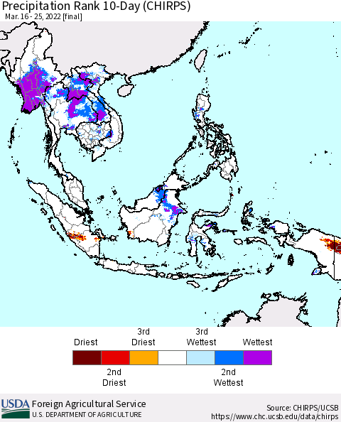 South East Asia Precipitation Rank since 1981, 10-Day (CHIRPS) Thematic Map For 3/16/2022 - 3/25/2022