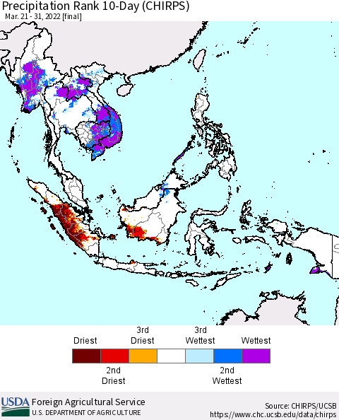 South East Asia Precipitation Rank since 1981, 10-Day (CHIRPS) Thematic Map For 3/21/2022 - 3/31/2022