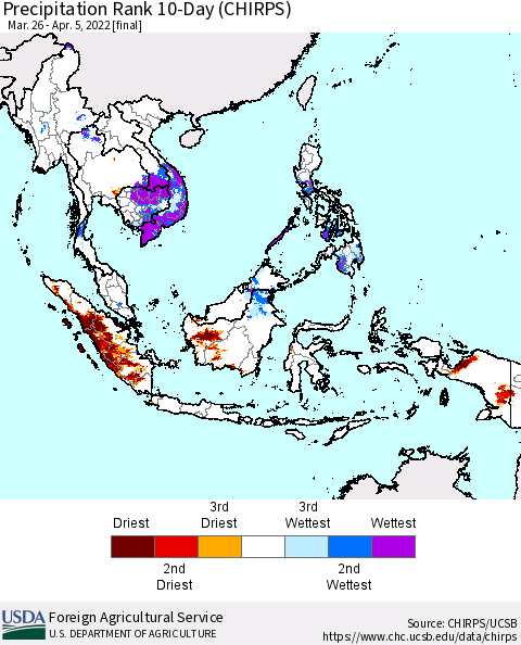 South East Asia Precipitation Rank since 1981, 10-Day (CHIRPS) Thematic Map For 3/26/2022 - 4/5/2022
