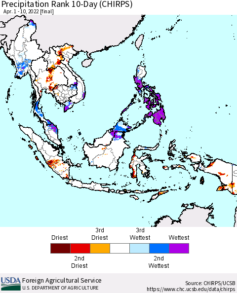 South East Asia Precipitation Rank since 1981, 10-Day (CHIRPS) Thematic Map For 4/1/2022 - 4/10/2022