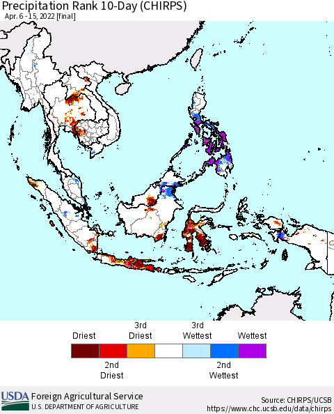 South East Asia Precipitation Rank since 1981, 10-Day (CHIRPS) Thematic Map For 4/6/2022 - 4/15/2022