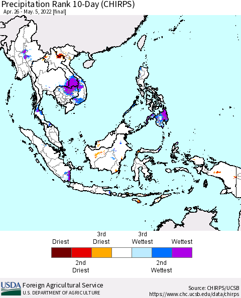 South East Asia Precipitation Rank since 1981, 10-Day (CHIRPS) Thematic Map For 4/26/2022 - 5/5/2022