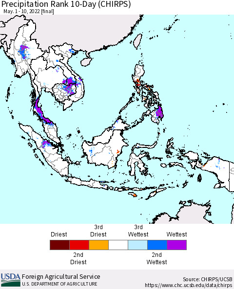 South East Asia Precipitation Rank since 1981, 10-Day (CHIRPS) Thematic Map For 5/1/2022 - 5/10/2022