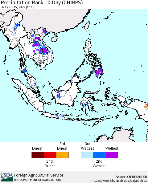 South East Asia Precipitation Rank since 1981, 10-Day (CHIRPS) Thematic Map For 5/6/2022 - 5/15/2022