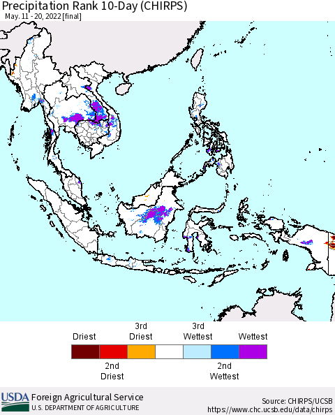South East Asia Precipitation Rank since 1981, 10-Day (CHIRPS) Thematic Map For 5/11/2022 - 5/20/2022