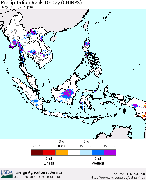 South East Asia Precipitation Rank since 1981, 10-Day (CHIRPS) Thematic Map For 5/16/2022 - 5/25/2022