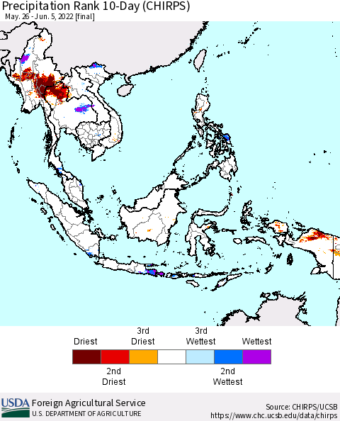 South East Asia Precipitation Rank since 1981, 10-Day (CHIRPS) Thematic Map For 5/26/2022 - 6/5/2022
