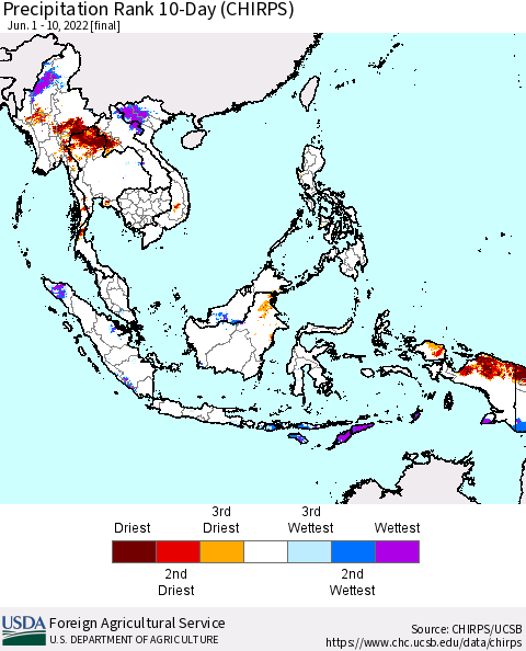 South East Asia Precipitation Rank since 1981, 10-Day (CHIRPS) Thematic Map For 6/1/2022 - 6/10/2022