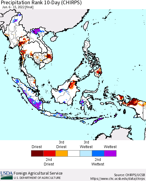 South East Asia Precipitation Rank since 1981, 10-Day (CHIRPS) Thematic Map For 6/6/2022 - 6/15/2022