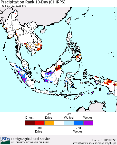 South East Asia Precipitation Rank since 1981, 10-Day (CHIRPS) Thematic Map For 6/11/2022 - 6/20/2022