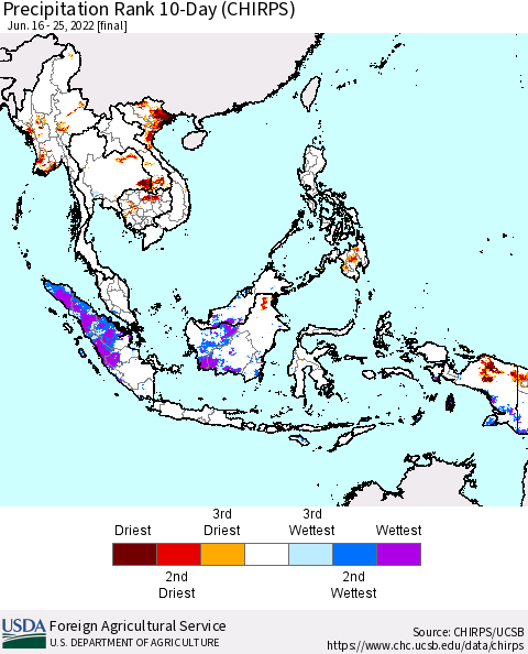 South East Asia Precipitation Rank since 1981, 10-Day (CHIRPS) Thematic Map For 6/16/2022 - 6/25/2022