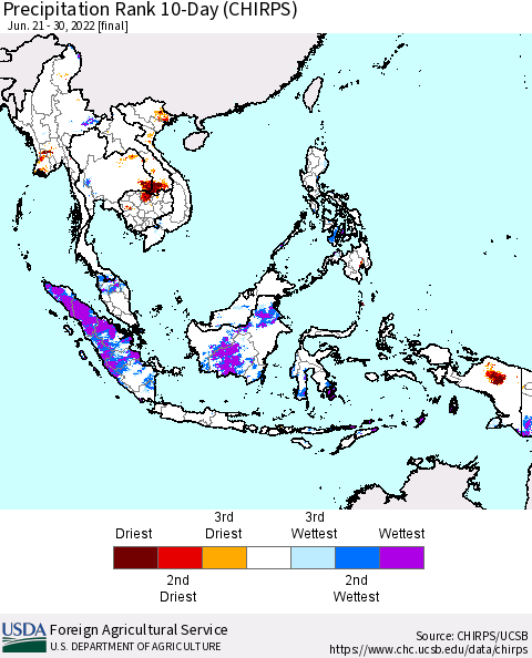 South East Asia Precipitation Rank since 1981, 10-Day (CHIRPS) Thematic Map For 6/21/2022 - 6/30/2022