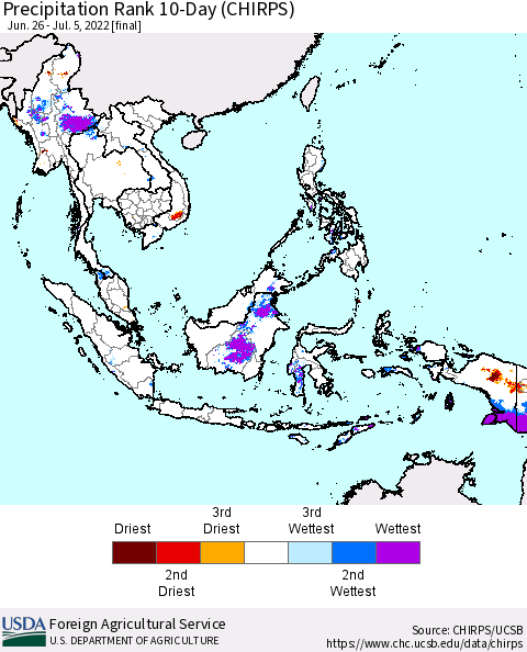South East Asia Precipitation Rank since 1981, 10-Day (CHIRPS) Thematic Map For 6/26/2022 - 7/5/2022