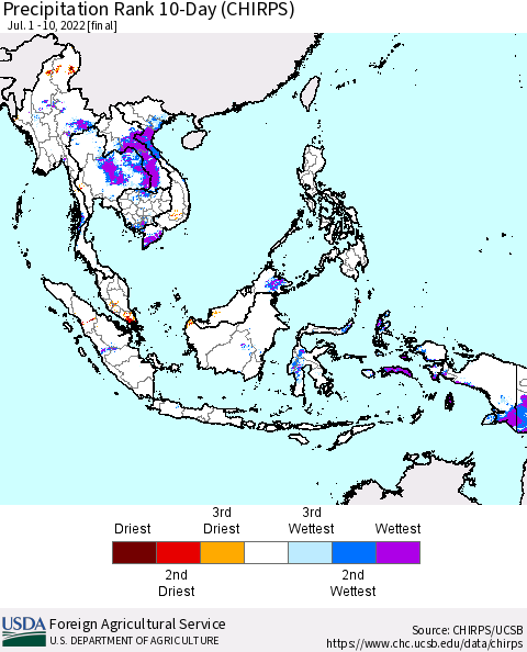 South East Asia Precipitation Rank since 1981, 10-Day (CHIRPS) Thematic Map For 7/1/2022 - 7/10/2022