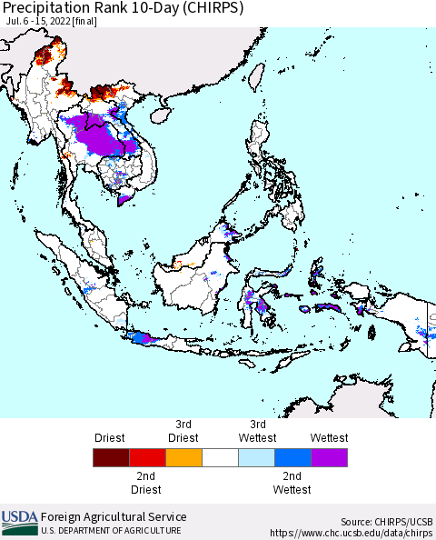 South East Asia Precipitation Rank since 1981, 10-Day (CHIRPS) Thematic Map For 7/6/2022 - 7/15/2022