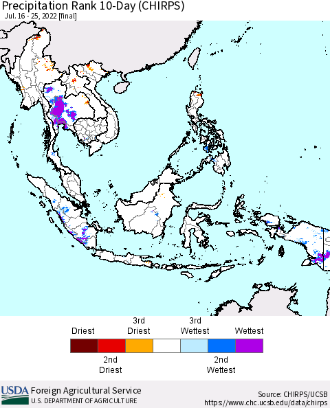 South East Asia Precipitation Rank since 1981, 10-Day (CHIRPS) Thematic Map For 7/16/2022 - 7/25/2022