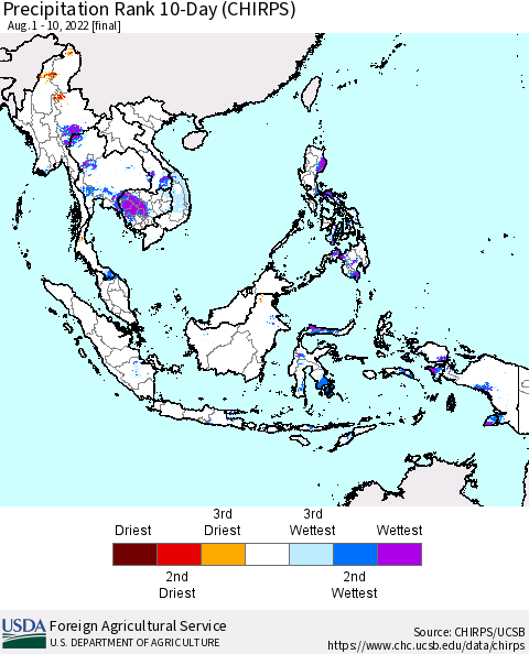 South East Asia Precipitation Rank since 1981, 10-Day (CHIRPS) Thematic Map For 8/1/2022 - 8/10/2022