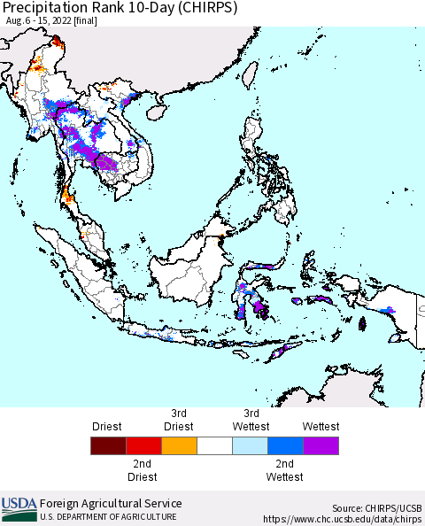South East Asia Precipitation Rank since 1981, 10-Day (CHIRPS) Thematic Map For 8/6/2022 - 8/15/2022