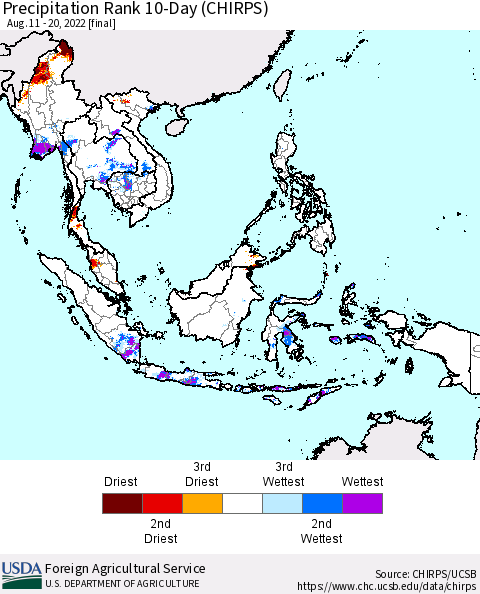 South East Asia Precipitation Rank since 1981, 10-Day (CHIRPS) Thematic Map For 8/11/2022 - 8/20/2022