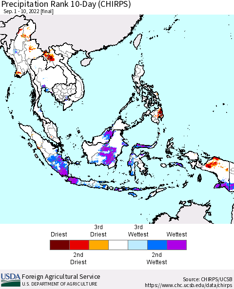 South East Asia Precipitation Rank since 1981, 10-Day (CHIRPS) Thematic Map For 9/1/2022 - 9/10/2022