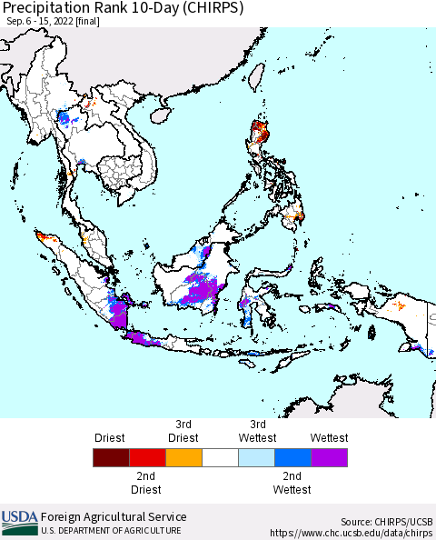 South East Asia Precipitation Rank since 1981, 10-Day (CHIRPS) Thematic Map For 9/6/2022 - 9/15/2022