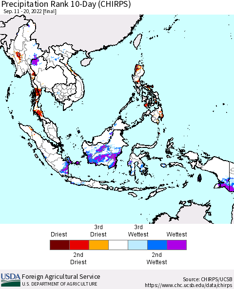 South East Asia Precipitation Rank since 1981, 10-Day (CHIRPS) Thematic Map For 9/11/2022 - 9/20/2022