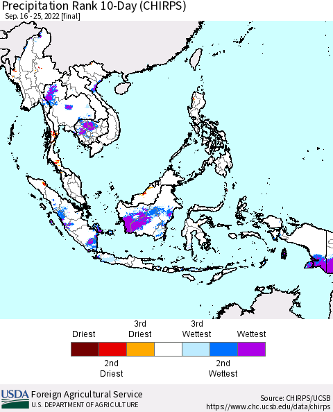 South East Asia Precipitation Rank since 1981, 10-Day (CHIRPS) Thematic Map For 9/16/2022 - 9/25/2022