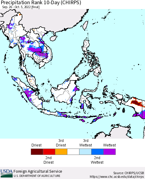 South East Asia Precipitation Rank since 1981, 10-Day (CHIRPS) Thematic Map For 9/26/2022 - 10/5/2022