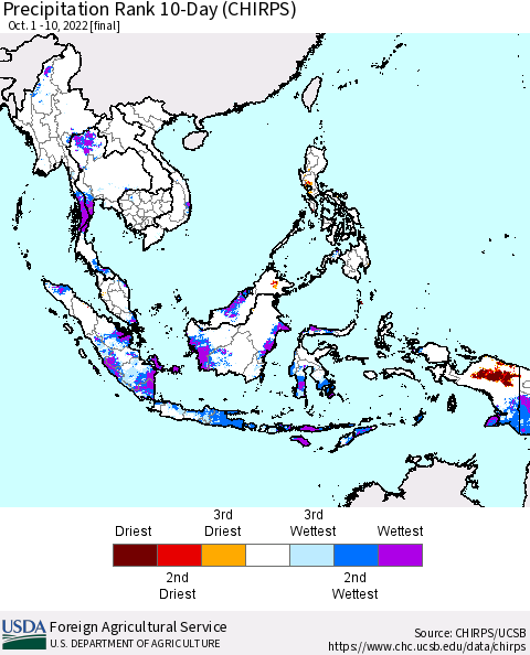South East Asia Precipitation Rank since 1981, 10-Day (CHIRPS) Thematic Map For 10/1/2022 - 10/10/2022