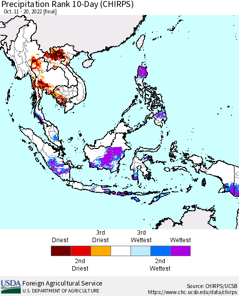 South East Asia Precipitation Rank since 1981, 10-Day (CHIRPS) Thematic Map For 10/11/2022 - 10/20/2022