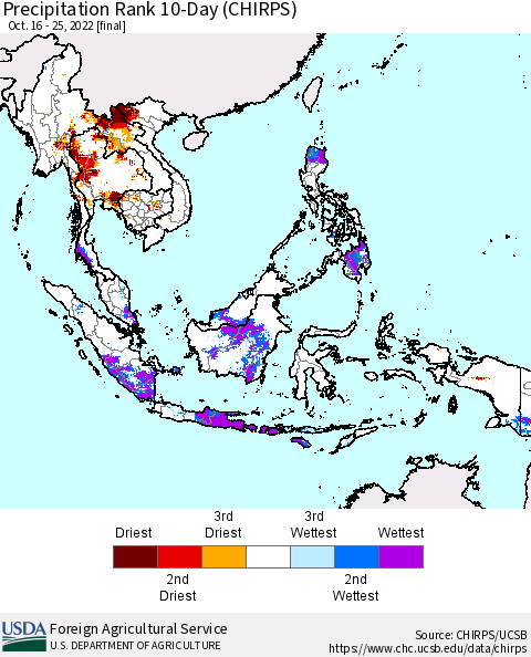 South East Asia Precipitation Rank since 1981, 10-Day (CHIRPS) Thematic Map For 10/16/2022 - 10/25/2022