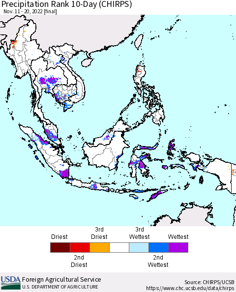 South East Asia Precipitation Rank since 1981, 10-Day (CHIRPS) Thematic Map For 11/11/2022 - 11/20/2022
