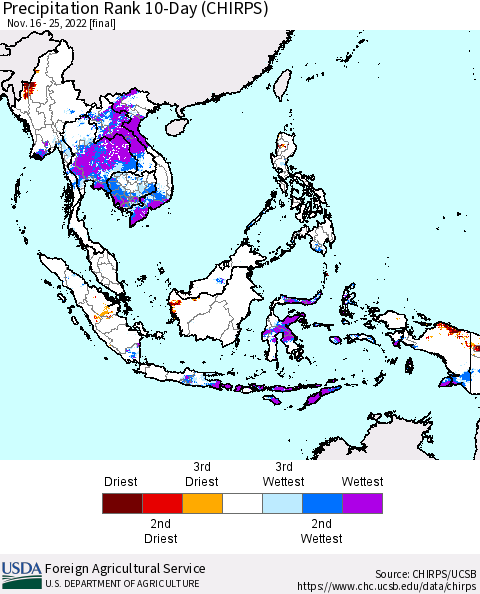 South East Asia Precipitation Rank since 1981, 10-Day (CHIRPS) Thematic Map For 11/16/2022 - 11/25/2022