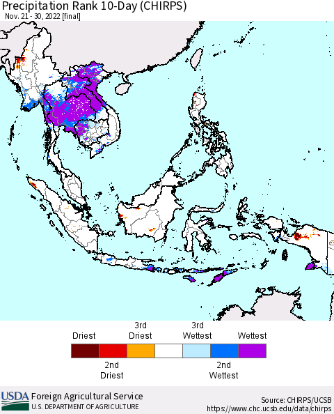 South East Asia Precipitation Rank since 1981, 10-Day (CHIRPS) Thematic Map For 11/21/2022 - 11/30/2022