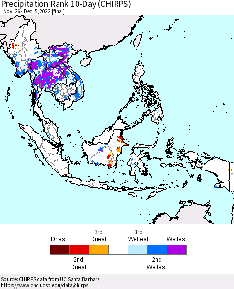South East Asia Precipitation Rank since 1981, 10-Day (CHIRPS) Thematic Map For 11/26/2022 - 12/5/2022
