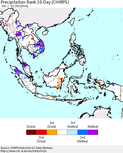 South East Asia Precipitation Rank since 1981, 10-Day (CHIRPS) Thematic Map For 12/1/2022 - 12/10/2022