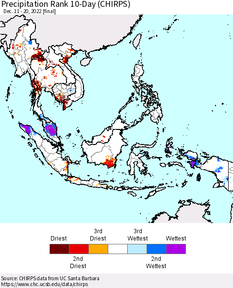 South East Asia Precipitation Rank since 1981, 10-Day (CHIRPS) Thematic Map For 12/11/2022 - 12/20/2022
