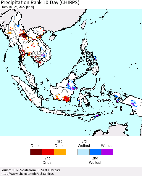 South East Asia Precipitation Rank since 1981, 10-Day (CHIRPS) Thematic Map For 12/16/2022 - 12/25/2022