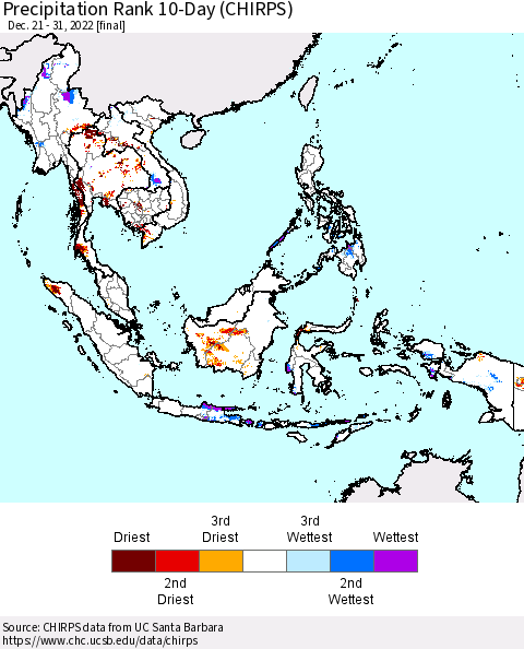 South East Asia Precipitation Rank since 1981, 10-Day (CHIRPS) Thematic Map For 12/21/2022 - 12/31/2022