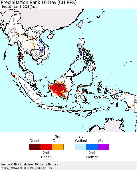 South East Asia Precipitation Rank since 1981, 10-Day (CHIRPS) Thematic Map For 12/26/2022 - 1/5/2023