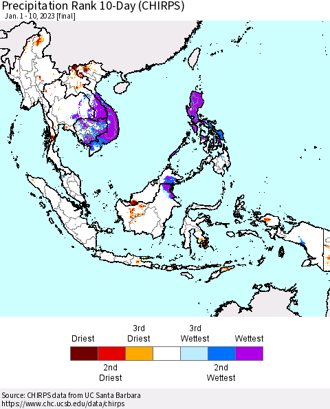 South East Asia Precipitation Rank since 1981, 10-Day (CHIRPS) Thematic Map For 1/1/2023 - 1/10/2023