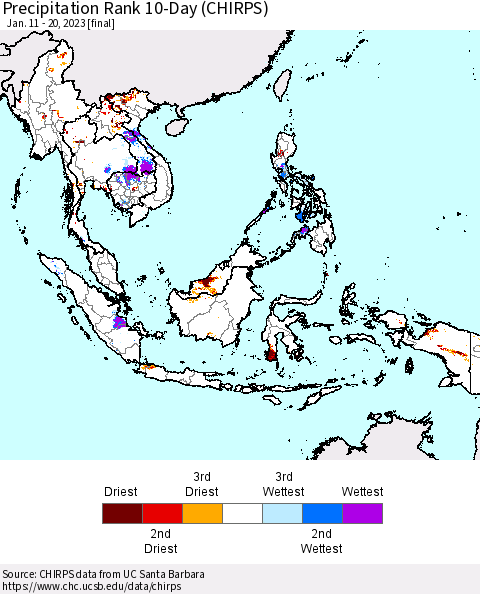 South East Asia Precipitation Rank since 1981, 10-Day (CHIRPS) Thematic Map For 1/11/2023 - 1/20/2023