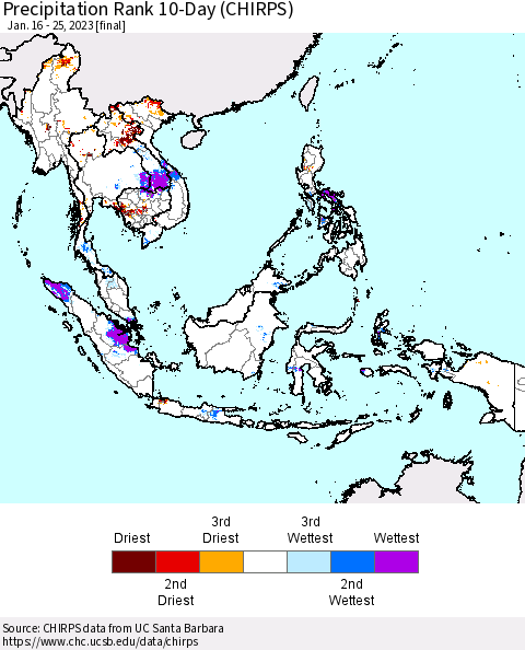 South East Asia Precipitation Rank since 1981, 10-Day (CHIRPS) Thematic Map For 1/16/2023 - 1/25/2023