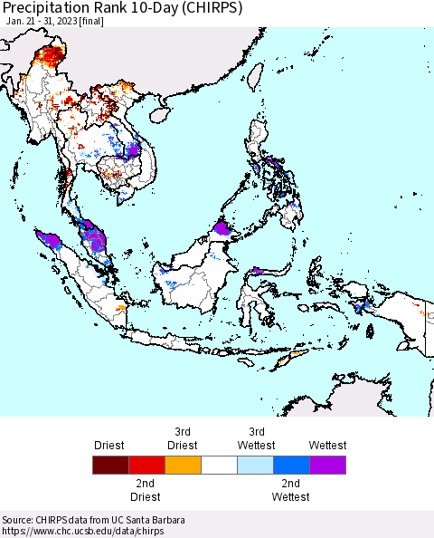 South East Asia Precipitation Rank since 1981, 10-Day (CHIRPS) Thematic Map For 1/21/2023 - 1/31/2023
