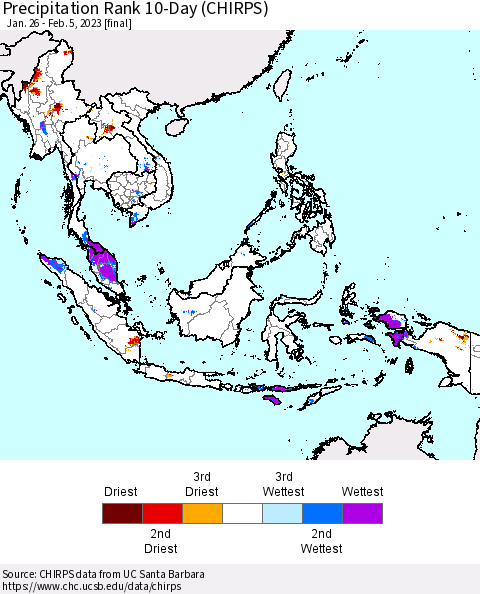 South East Asia Precipitation Rank since 1981, 10-Day (CHIRPS) Thematic Map For 1/26/2023 - 2/5/2023
