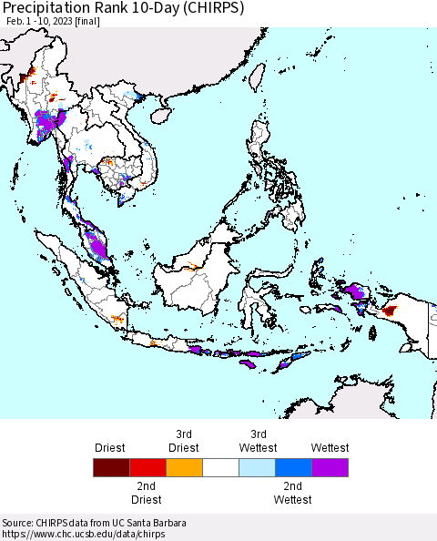 South East Asia Precipitation Rank since 1981, 10-Day (CHIRPS) Thematic Map For 2/1/2023 - 2/10/2023