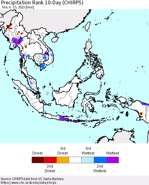 South East Asia Precipitation Rank since 1981, 10-Day (CHIRPS) Thematic Map For 2/6/2023 - 2/15/2023